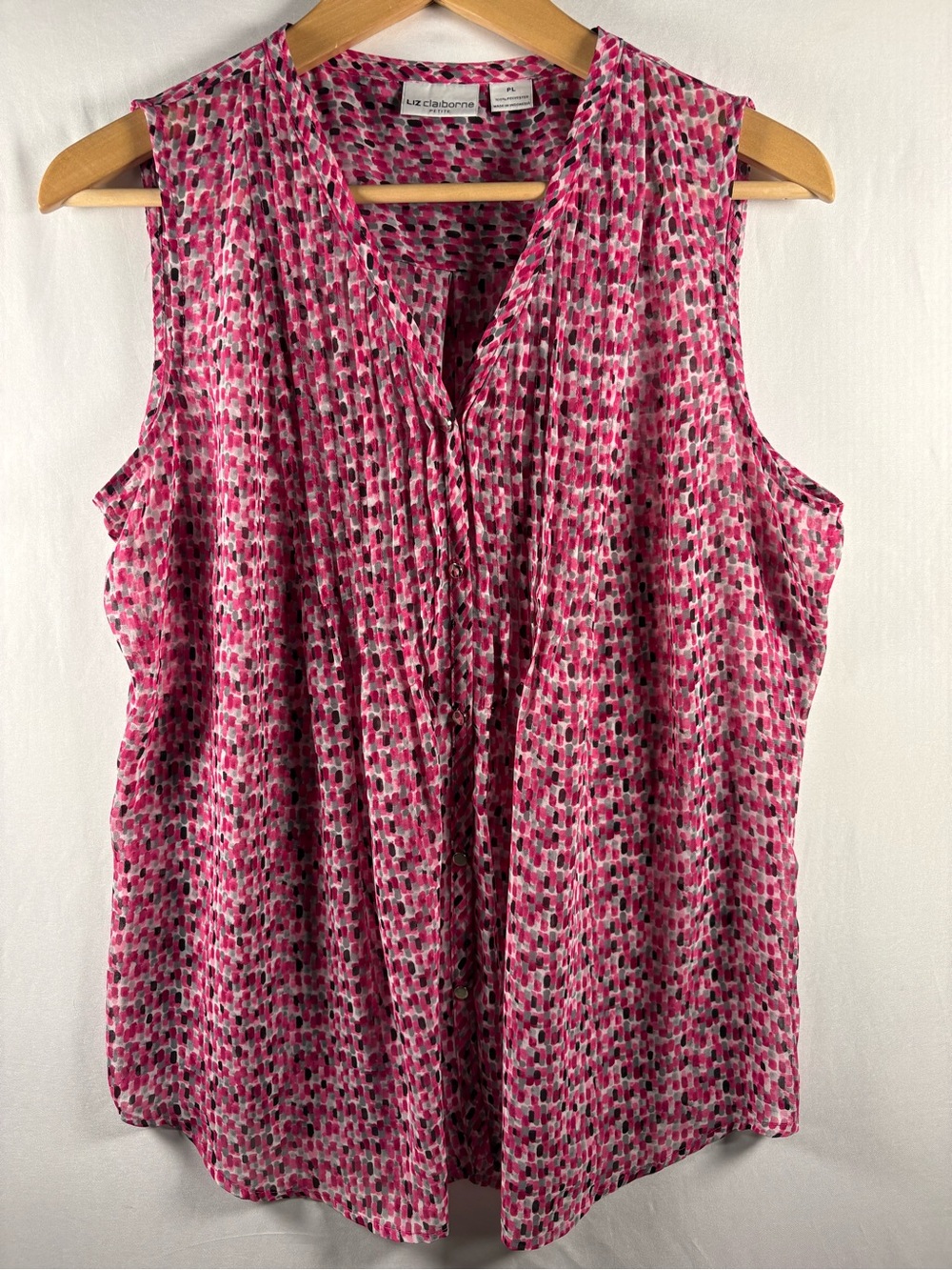 Liz Claiborne Sheer Sleeveless Top Womens Petite Large Pink Button Up Pintucks